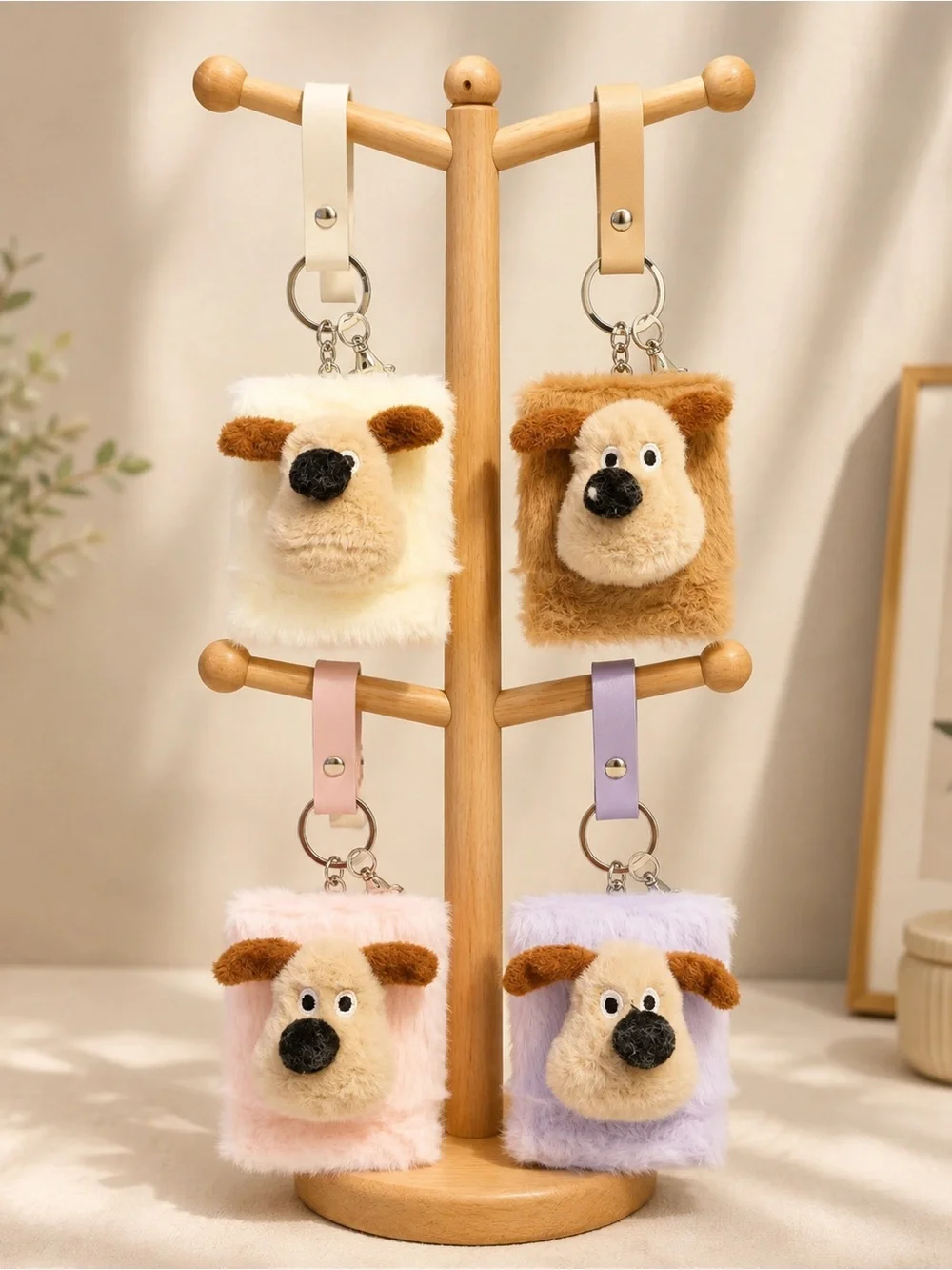 4 Plush Dog Keychain/ Double Sided Mirror - Cream, Brown, Pink, Lavender